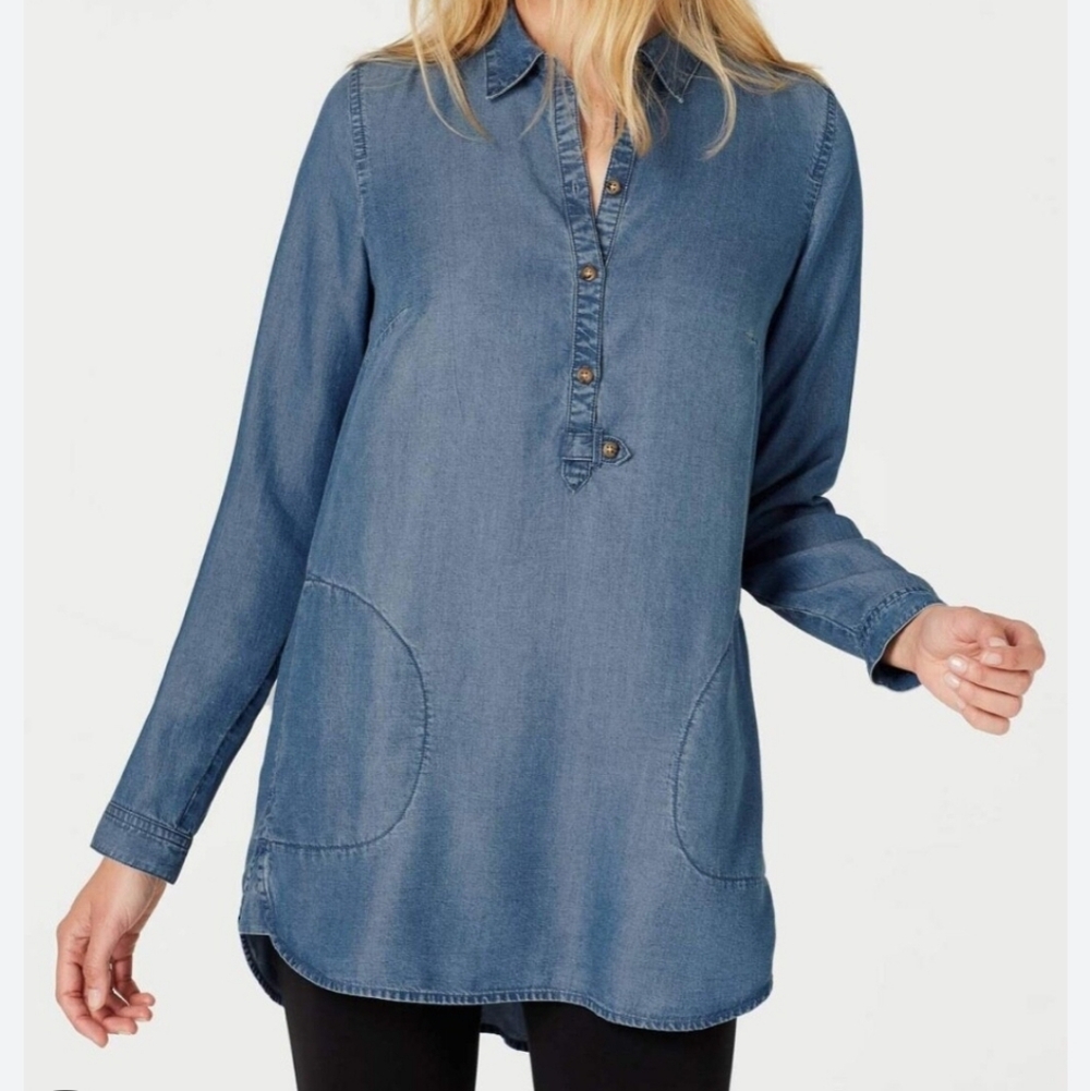 J.Jill Denim Indigo "Shirt-tail Tunic" Blue Long Sleeve High Low XS Shirt